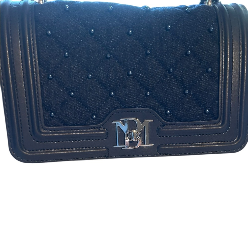 NWT Badgley Mischka navy blue vegan leather shoulder bag with balls/chain strap